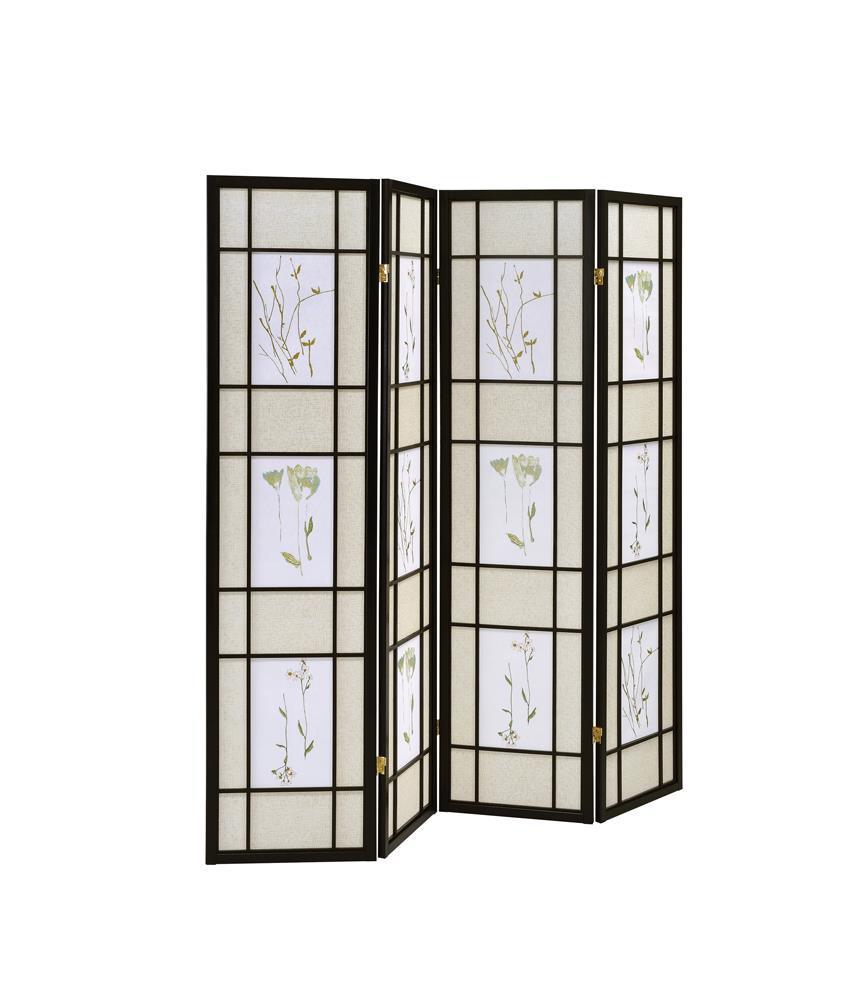4-panel Floral Print Folding Screen - Black