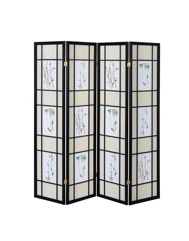 4-panel Floral Print Folding Screen - Black