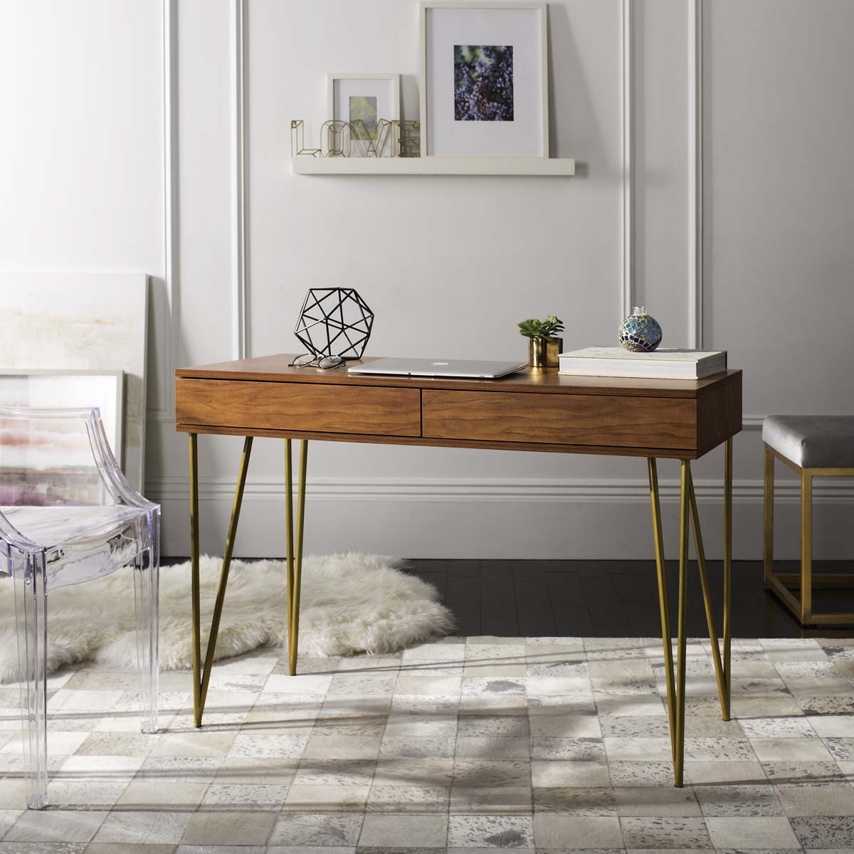 Safavieh Pine Two Drawer Desk - Natural/Gold