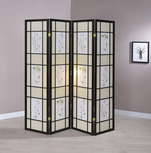 4-panel Floral Print Folding Screen - Black